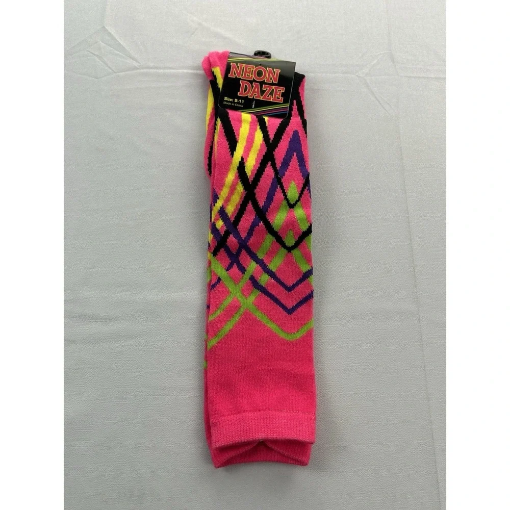 Neon Daze Neon Pink Crew Socks Geometric Abstract 80s Retro Size 9-11 NWT